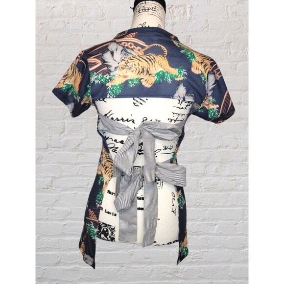 ASOS Tiger Print Open Back Shirt Womens 6 Blue Short Sleeve Double Tie Boho Edgy - Picture 1 of 5
